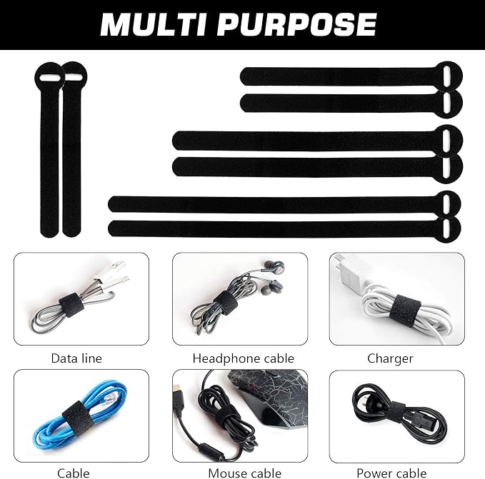 150PCS Reusable Cable Ties - 4+6+8+10inch Multi-Purpose Cable management Hook & Loop Cable Straps Wire Ties,Adjustable Fastening Cord Organizer,Cable Organizer for Home,Office and Data Centers,Black - Image 4