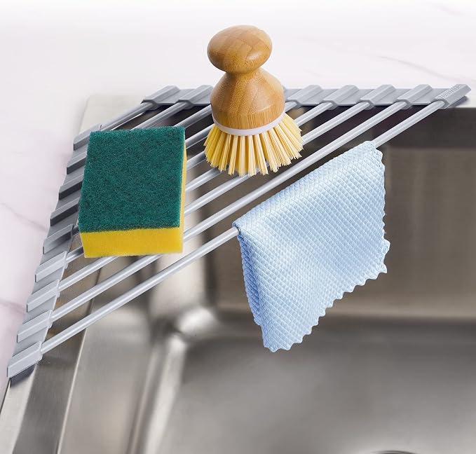 Tomorotec Triangle Roll Up Dish Drying Rack with Silicone Coating, Gray | 304 Stainless Steel with BPA-Free Silicone, Triangle Design Maximizes Sink Corner Space, Fits Compact Kitchens And RVs by Tomorotec