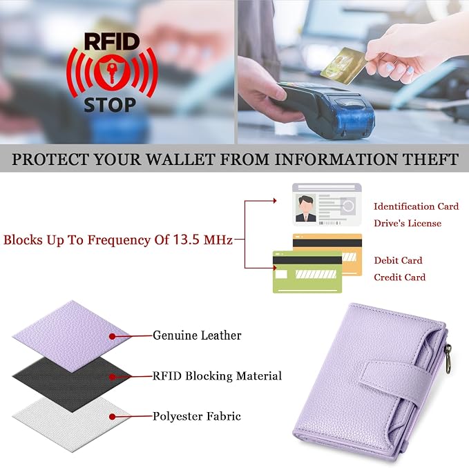 Small Wallet Women RFID Blocking Soft Leather Bifold Compact Card Holder Wallet for Women with Zipper Coin Pocket 4 ID Window - Image 6