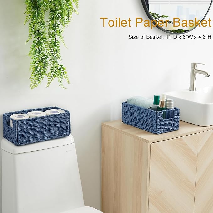 Wicker Storage Basket, Set of 2 Hand-Woven Paper Rope Wicker Basket, Small Storage Baskets for Organizing Toilet Paper Basket, Foldable Large Cube Storage Organizer Bins for Shelves (Blue) - Image 5
