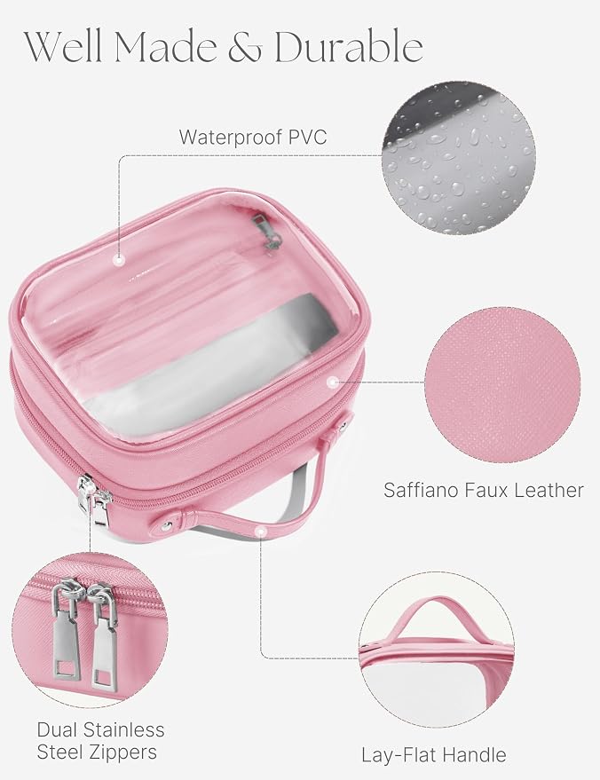 Clear Cosmetic Bag Double Layer Travel Toiletry Bag Clear Makeup Bag Case with 4 Compartments, Transparent Travel Bag for Toiletries, Large Toiletry Bag for Women Cosmetic Case (Pink, Small) - Image 7