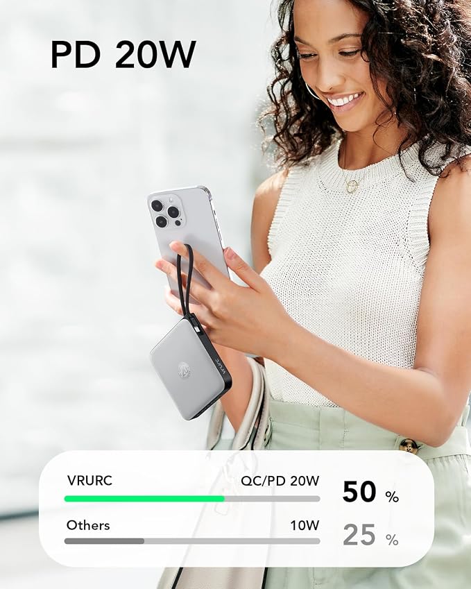VRURC Portable Charger with Built-in Cables, 10000mAh 22.5W Fast Charging | Compact Battery Pack with LED Display, Cell Phone Power Bank for iPhone 17/16/15 Series , Samsung Galaxy & USB-C Devices,Grey - Image 6