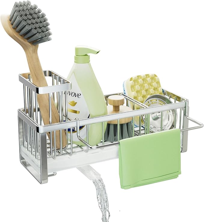 SWTYMIKI Sponge Holder for Kitchen Sink - Sink Caddy with Brush Holder Self-draining Sponge Caddy Organizer with Divider Stainless Steel Kitchen Accessories Storage for Countertop, Silver - Image 4