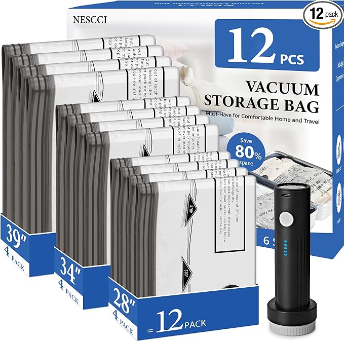 12 Pack Travel Vacuum Bags for Clothing with Rechargeable Wireless air Pump | Compression Packing Bags for Luggage Suitcase,Carry-on Size Space Saver Vacuum Storage Bags by NESCCI