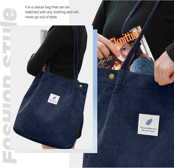 LHMTQVK Corduroy Tote Bags for Women, Large Capacity Tote Purse Reusable Grocery Shoulder Bag with Inner Pockets - Image 5