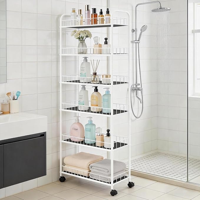 10in Slim Storage Cart, Metal 6-Tier Narrow Rolling Shelf, Sturdy Slim Storage with Hooks Ideal for Kitchen, Bathroom, and Laundry Room (10in White) - Image 6