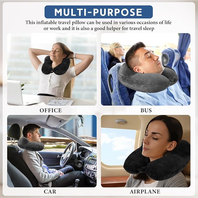 Sintuff 2 Pack Inflatable Travel Pillow for Airplanes Inflatable Neck Flight Pillows with Compact Bag and Blindfold for Traveling, Airplane, Train, Car, Office(Blue and Dark Gray) - Image 7