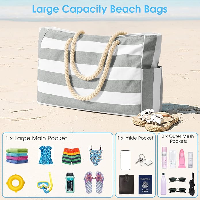 Becokan Beach Bags for Women Large Waterproof Beach Tote Bag Zipper Beach Bags Waterproof Sandproof Swim Pool Bag Large Tote - Image 7