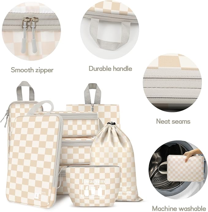 8 Set Compression Packing Cubes Travel, Lightweight Durable Packing Compression Cubes, Accessories Bags Packing Cubes for Travel Luggage Organizer (Khaki Checkered) - Image 8
