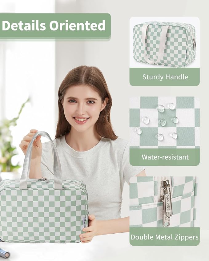 Narwey Large Capacity Travel Toiletry Bag Women, Checkered Makeup Bag with Handle, Portable Make up Cosmetic bag Organizer, Travel Bag for Toiletries, Skincare, Medicine, Essentials (Green Checker) - Image 5