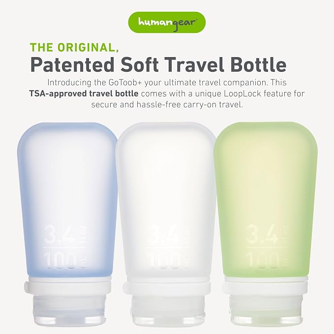 humangear GoToob+ 3-Pack, Large (3.4 fl oz), Clear/Green/Blue | Refillable & Leak-Proof Silicone Travel Size Bottles with Locking Cap for Toiletries, Camping & TSA Carry-On - Image 2
