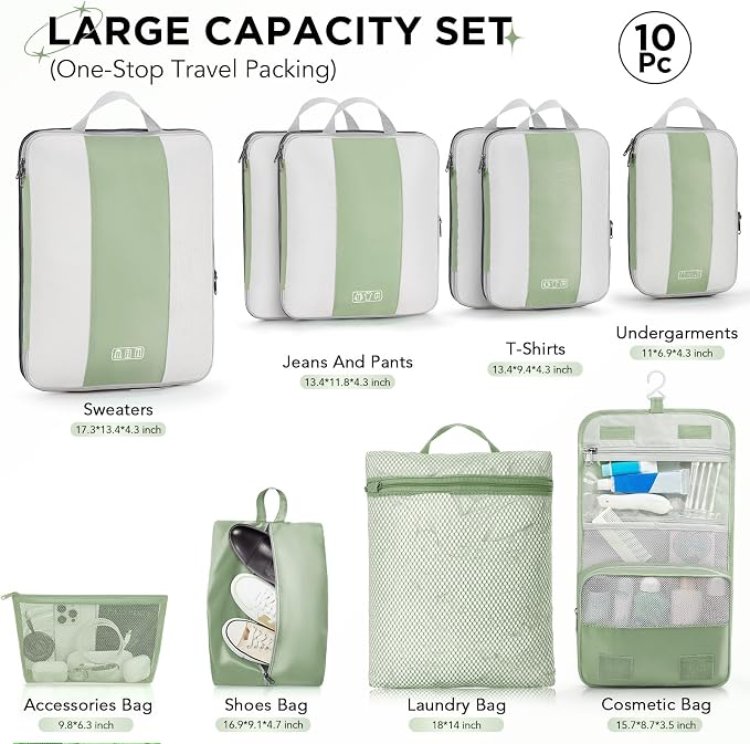 OlarHike 10 Set Compression Packing Cubes for Travel Essentials,Compressible Expandable Space Saver Bags for Organizing Clothes,Luggage Garment Bags with Over 1000 pcs Mesh Holes(Matcha Green) - Image 2