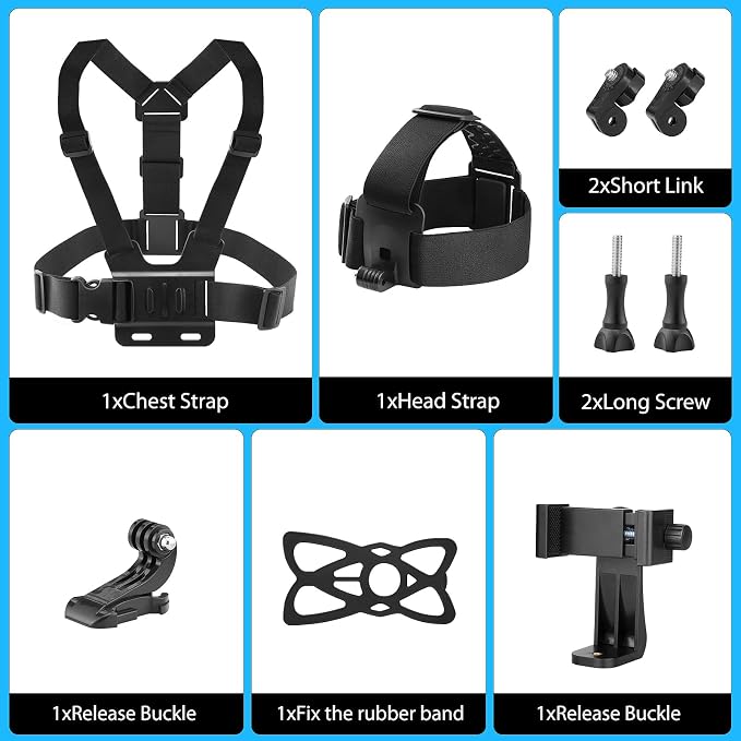 9-in-1 Chest & Head Mount Kit for GoPro, iPhone, DJI, Action Cam POV | Hands-Free POV Recording. Compatible with Samsung, Insta360, AKASO, SJCAM. Sturdy phone clamp & protective net included - Image 8