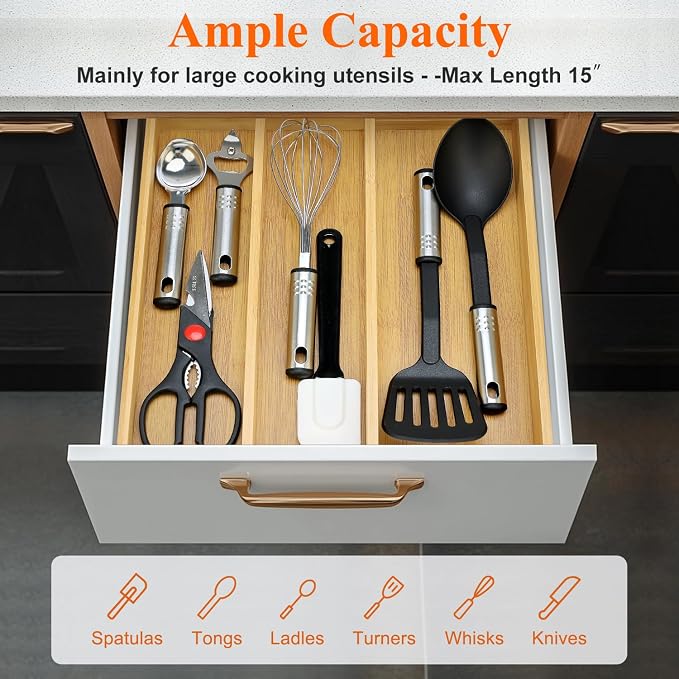 Large Bamboo Kitchen Utensil Drawer Organizer Expandable Silverware Tray | Big Cooking Utensil Drawer Divider Spoon Flatware Organizer Storage Adjustable Wooden Cutlery Holder Tool Knife Spatula Tray - Image 5