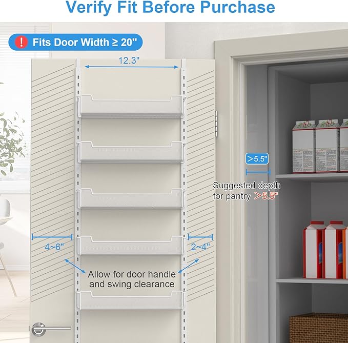VyGrow 12.3" W Narrow Over the Door Pantry Organizer, 8-Tier Over the Door Organizer with Adjustable Basket, Pantry Door Organization for Pantry Kitchen Storage Room Spice Rack, White - Image 5