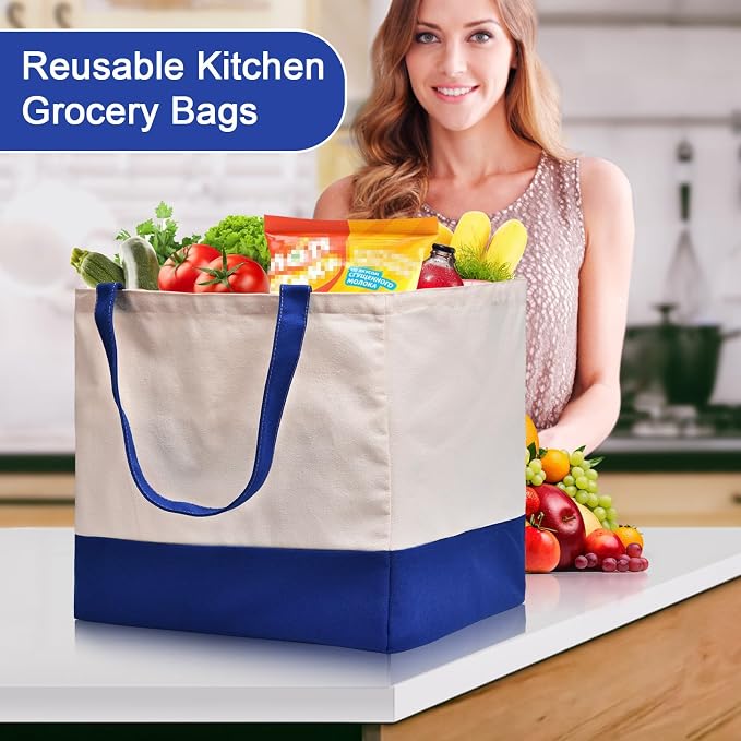3 Pack Canvas Reusable Grocery Bags Heavy Duty, 8.3 gal Foldable Large Tote Bag with Handles, Holds 60 lbs Canvas Shopping Bags & Washable Eco-friendly Bags with 5 Pockets, Blue+Off White - Image 5