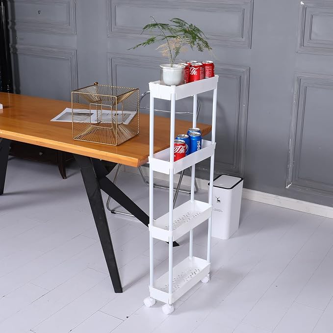 Sooyee 4 Tier Slim Rolling Cart, Utility Storage Cart with Wheels,White | Narrow Plastic Craft Cart,Ideal For Kitchen, Bathroom, Office, Dorm, Art Workspace, Bedside Storage - Image 6