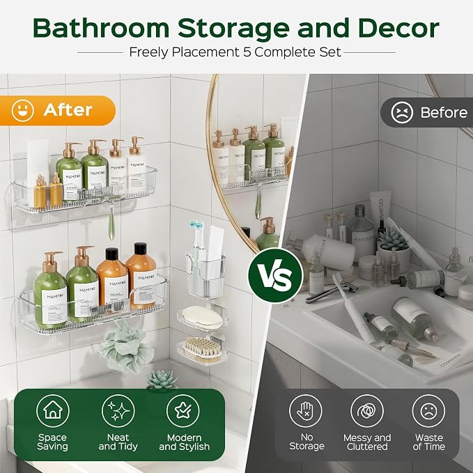 HAMITOR 5 Pack Adhesive Shower Caddy, Clear Transparent Shower Organizer | Modern Clear Design, Waterproof Adhesive Setup, Quick Drainage Shelves, Perfect for Homeowner, Apartments & Stylish Bathrooms - Image 6