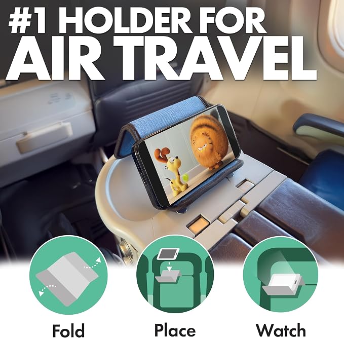 Airplane Phone Holder - Foldable Phone Stand for Plane Travel | Blue Denim,Tabletop Mount Desk, Plane Tray Seat back, Treadmill, Fits iPhone Cell Phone, 9 x 4.3 in - Image 2