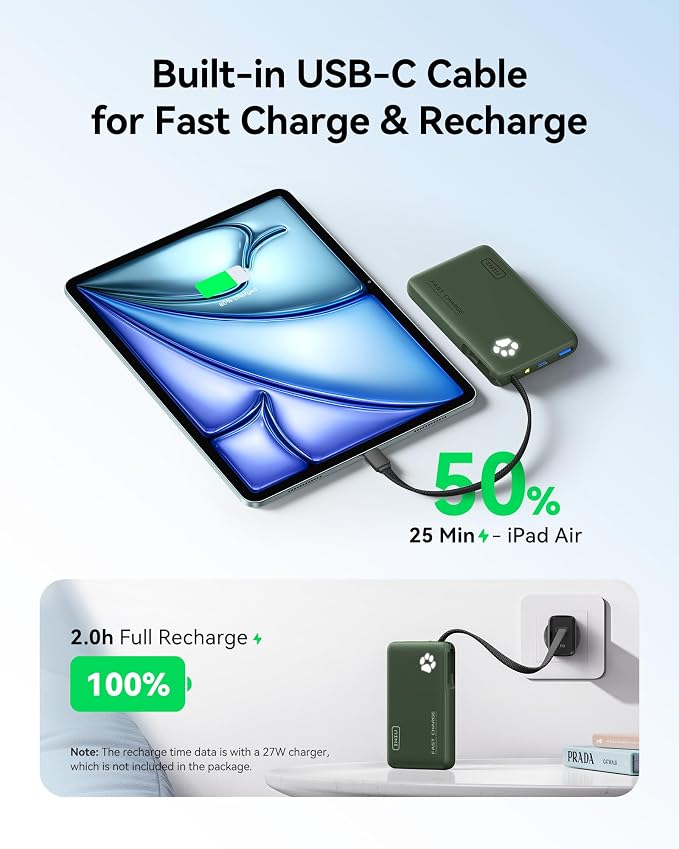 INIU 45W Fast Charging Tablet Portable Charger, Smaller 10000mAh Power Bank | Flight-Safe, Built-in USB C Cable, Flashlight, Battery Phone Pack for Tablet, iPad, iPhone 17 16, Samsung S26 etc, Green - Image 4