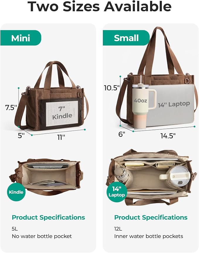 BAGSMART Corduroy Tote Bag for Women, Small College Teacher Laptop Handbag | Fits 14 inch Laptop, 40oz Tumbler Holder, Soft Corduroy Bag with Crossbody Strap for Daily, Work, Flight Travel, Hand Wash - Image 3