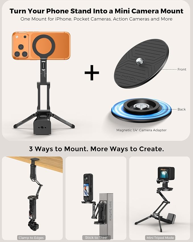 OMOTON TP02-Ultra Magnetic Action Camera Mount for DJI/GoPro iPhone, Black | Arca-type Adapter with 1/4" Screw, 4 in 1 Phone Tripod for Travel Vlog, Adjustable & Swivel, for iPhone 12-17 Series - Image 2
