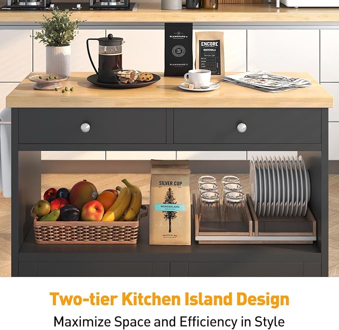 knoworld Rolling Kitchen Island with Storage Cabinet, 35.4'' Width Kitchen Cart, 2 Drawers Island Table, Portable Mobile Kitchen Island with Towel Rack, Wood Top and Lockable Wheels, Black - Image 5