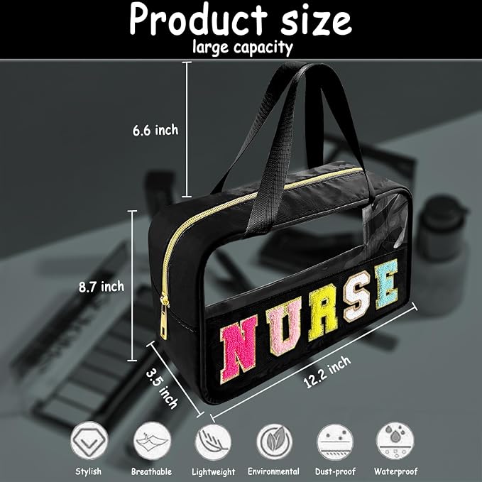 Bunliuys Chenille Letter Clear Makeup Bag with Nurse Patch, Travel Toiletry Makeup Bag with Handle, Nylon Waterproof Cosmetic Bag, Preppy Patch Makeup Bag for Women (NURSE-Black) - Image 2