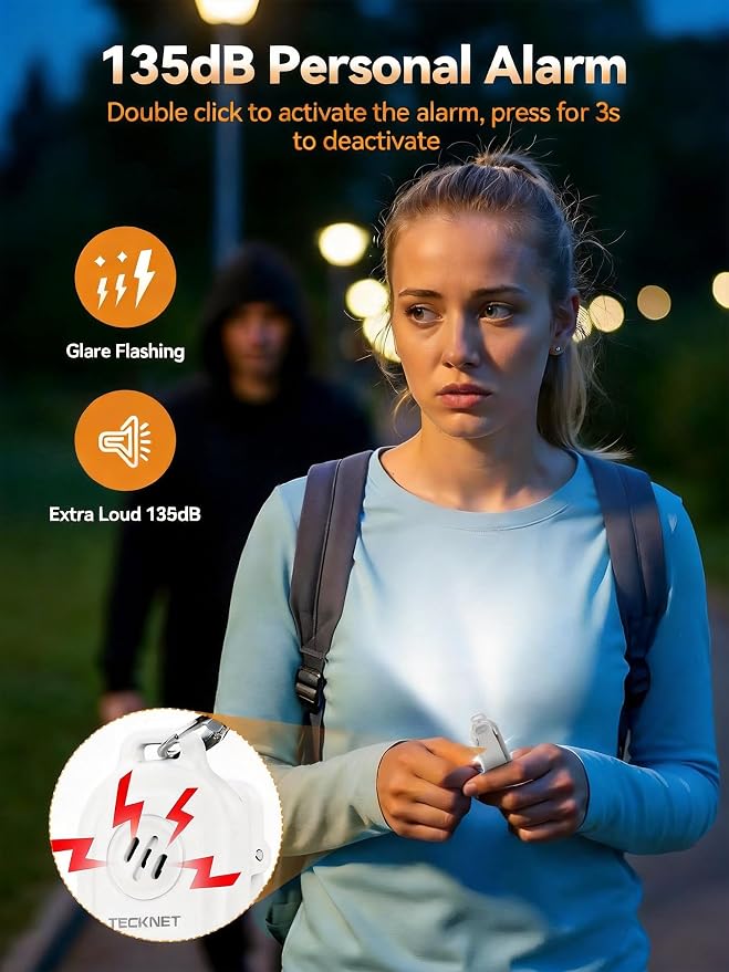 TECKNET Personal Safety Alarm 135dB with SOS Strobe Light for Women - Rechargeable& IPX4 Waterproof Running Lights with Clip On Torch & Low Battery Notice, Safety Siren for Running, Travel Kids, Wihte - Image 2