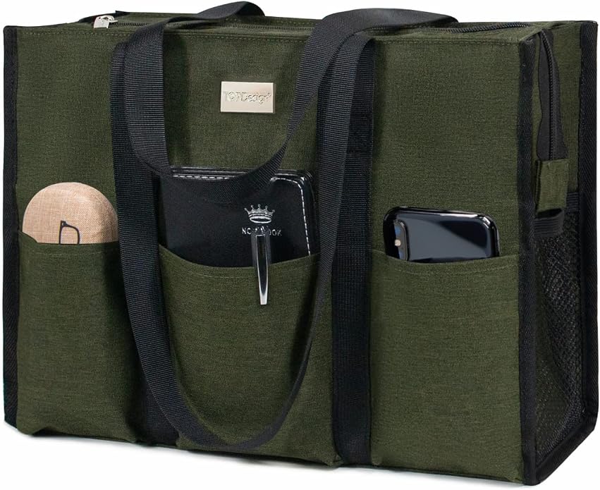 TOPDesign Utility Water Resistant Tote Bag with 13 Pockets, Top Zipper Closure & Thick Bottom Support, for Working Women by TOPDesign
