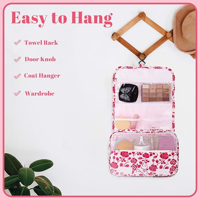 Hanging Toiletry Bag, Waterproof Makeup Organizer With Hook, Red Rose | 4 Compartments, Clear Pocket, Carry Handle, Fold-Out Design, For Travel, Bathroom, Camping, Kids And Teen Girls - Image 4