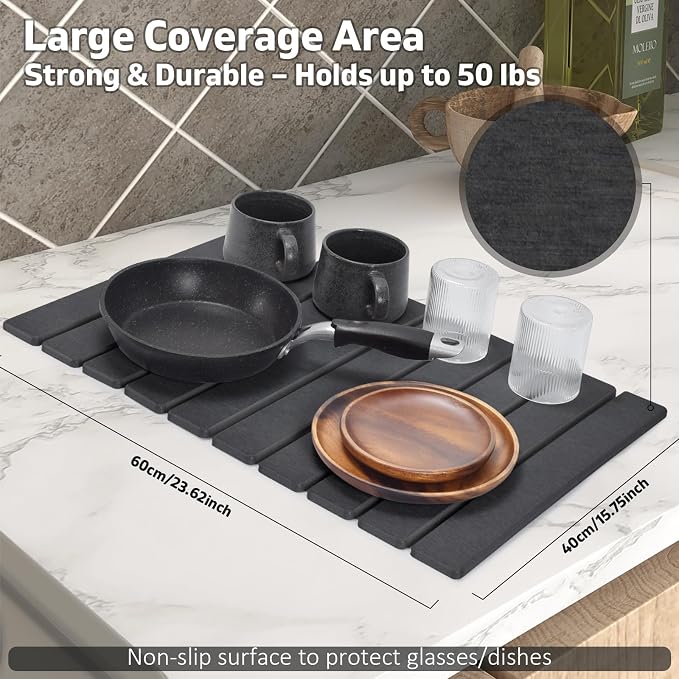 Large Stone Dish Drying Mats for Kitchen Counter, Fast Drying Collapsible Drying Mat, Eco-Friendly Absorbent Diatomaceous Earth Mats for Dishes Cups, Match Any Countertop (Dark Gray 24"×16" & 8"x4") - Image 4