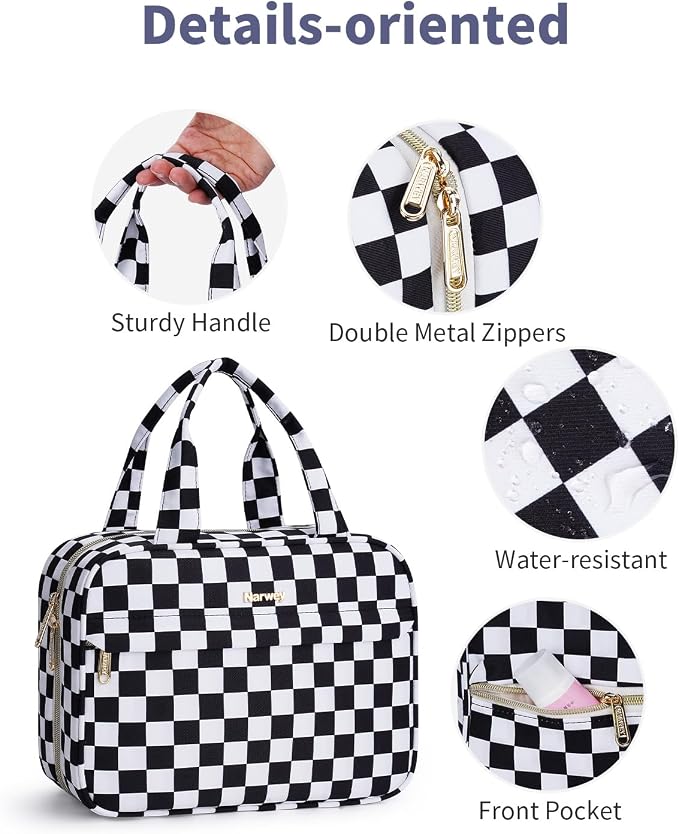 Narwey Hanging Toiletry Bag for Women Checkered Travel Makeup Bag Organizer Cosmetic Make up Toiletries Bag for Travel Essentials Accessories (Black Checkerboard, Medium) - Image 4