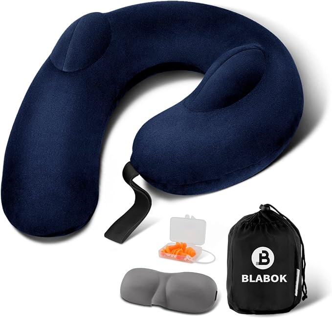 Patented Design Inflatable Travel Neck Pillow – Airplane Neck Pillow with 360° Head & Neck Support, Soft Washable Velvet Cover, Compact Neck Support Pillow for Airplane,Train,Car,Office & Home (Blue) by BLABOK