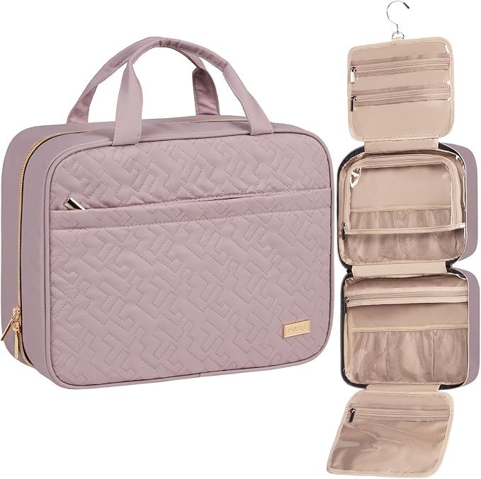 NISHEL Travel Toiletry Bag for women, Portable Hanging makeup Organizer | for Travel-Sized Shampoo, Conditioner, Brushes Set, makeup Accessories, Large Size, Peach Pink by NISHEL
