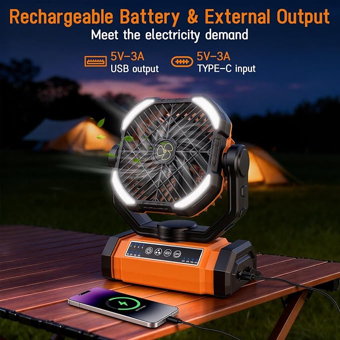 Camping Fan Rechargeable, Large Capacity Battery Powered Fans - Orange | LED Light, 4-Speed, Cordless, Hanging Hook, 270° Adjustable, Quiet, Lightweight, Battery Operated Fan for Tent Beach Outdoor - Image 6