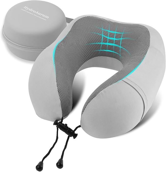 HydroAurum Travel Pillow 100% Pure Memory Foam Neck Pillow for Traveling – Ergonomic Neck Support Pillow for Airplane, Soft & Breathable Cover, Washable & Portable with Travel Bag by HydroAurum