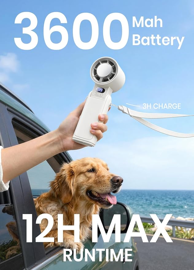 Portable Handheld Turbo Fan, 1-199 Speed Adjustable, White | 4 IN 1 Pocket Design with LED Display, High-Power Motor, Rechargeable Battery, Mini Fans for Indoor/Outdoor/Travel/Work - Image 8