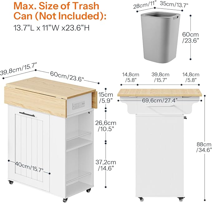 HOOBRO Kitchen Island with Trash Can Storage, Rolling Kitchen Island with Drop Leaf Countertop, Island Table with Power Outlet & Spice Rack, for 10 Gallon Garbage Bin, White and Natural WN33UZD01 - Image 2