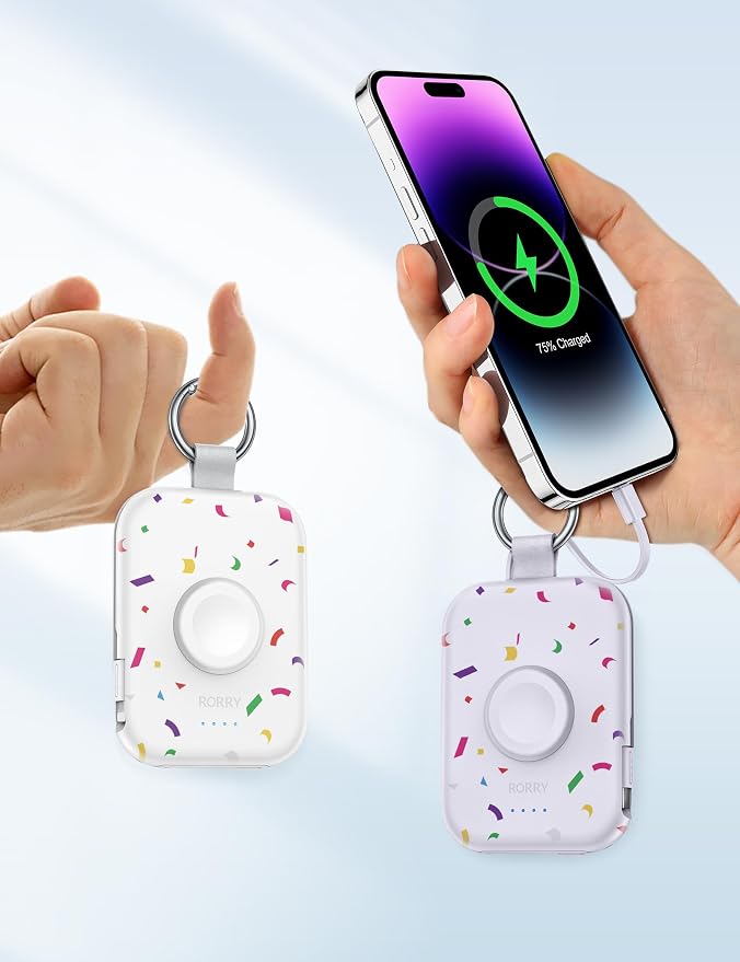 RORRY CharmGo Portable Charger, 5000mAh Portable Charger Power Bank | Built-in Cables,Travel Keychain Battery Pack Essentions for Apple Watch 1~11 Series/Ultra/SE & iPhone Air/17/16/15/14/13/12 - Image 6