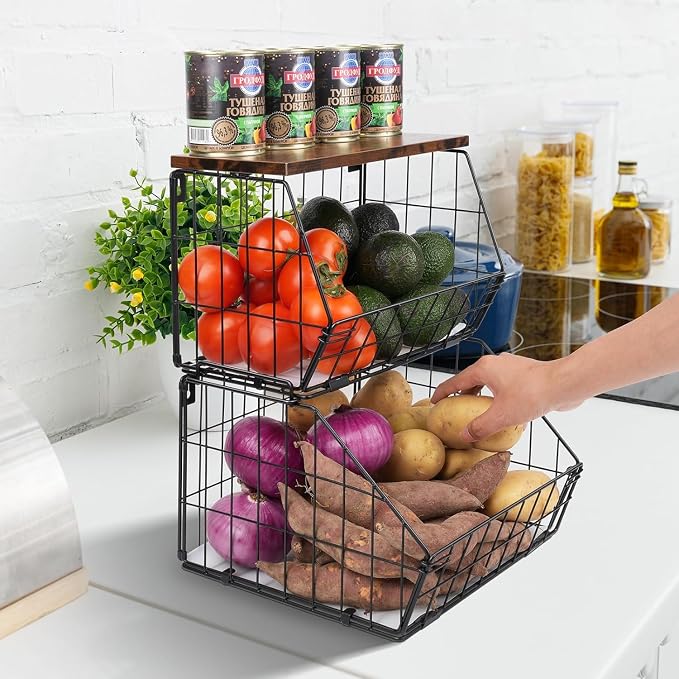 Wawocs 2 Tier Stackable Wall Mounted Hanging Basket, Fruit Basket for Kitchen Counter, Storage Bin with Wood Lid, Onion Storage, Fruit and Vegetable Storage, Countertop Organizer - Image 7