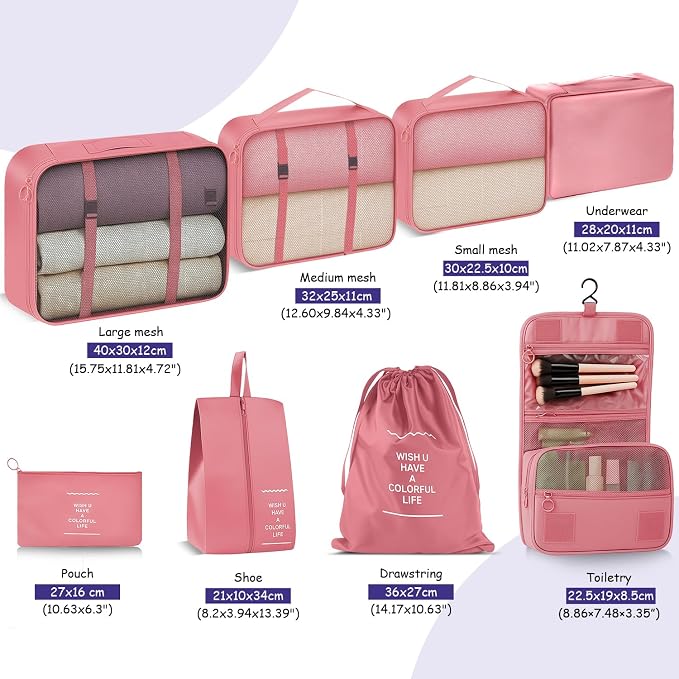 Fosmon 8-Piece Packing Cubes, Pink Travel Luggage Organizer Set | Mesh storage bags for clothes/shoes/toiletries, durable, lightweight, ideal for carry-on and vacation, 8-piece set, pink. - Image 3