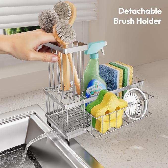 SWTYMIKI Sink Caddy Sponge Holder - Large Sponge Holder for Kitchen Sink with 360°Auto-Drain Tray, Rustproof Stainless Steel Kitchen Organizer Caddy for Countertop Organization - Image 6