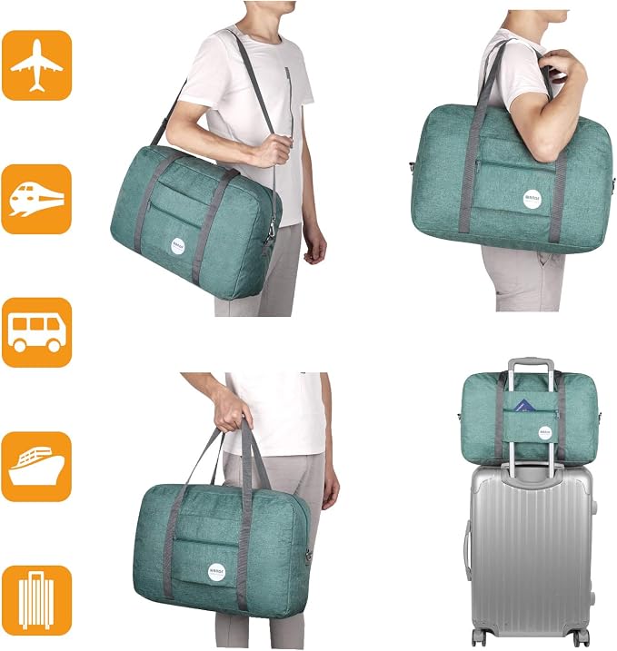 WANDF Foldable Travel Duffel Bag Luggage Sports Gym Water Resistant Nylon (E-Denim Green with Strap) | 18x14x8 inches, Airline Underseat Aprroved, Weekend Overnight Trips, Lightweight Packable - Image 7