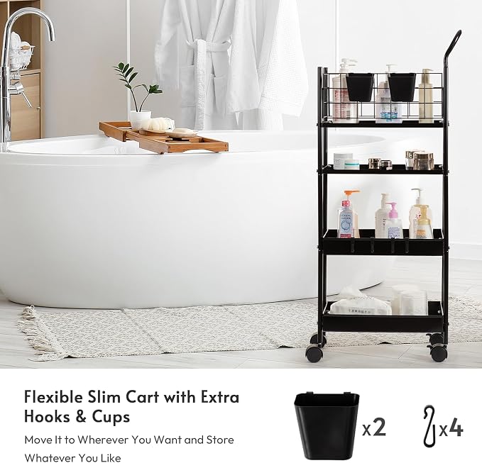 danpinera 4 Tier Slim Cart with Wheels, 7.7’’ Metal Skinny Rolling Storage Cart on Wheels for Kitchen, Bedroom, Office, Laundry Room, Small Narrow Spaces with Hooks and Cups, Black - Image 6