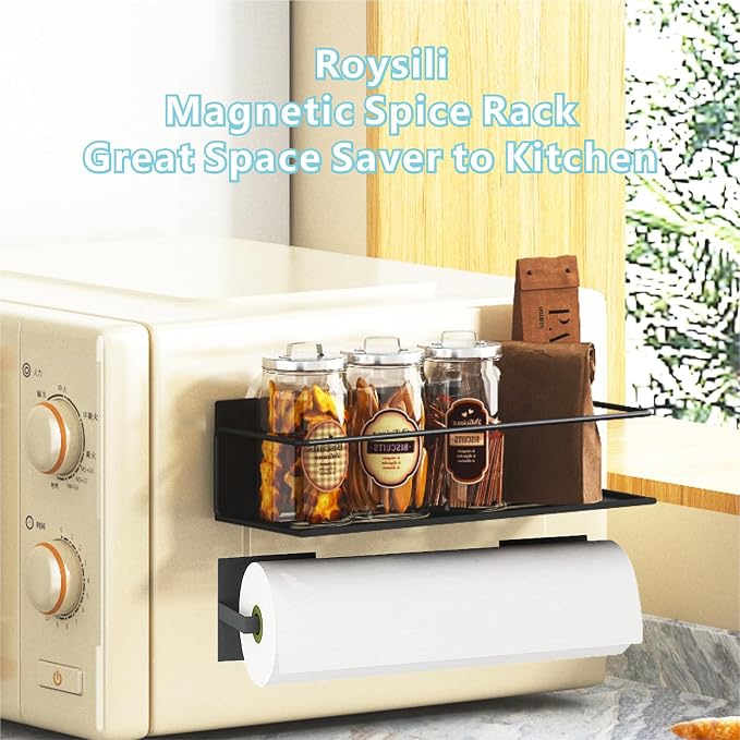 Magnetic Spice Rack For Refrigerator, Magnetic Fridge Shelf For Kitchen, Magnetic Shelf For Fridge Space Saving Black 4 Pack With Magnetic Paper Towel Holder - Image 7