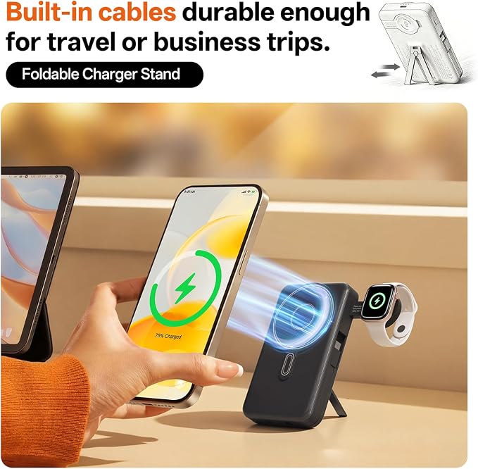 Q Magnetic Wireless Portable Charger 10,000mAh, Travel Essentials Power Bank with Built-in Cables & Foldable Stand, External Battery Pack Compatible with iPhone 17/16/15/14/13/12, Apple Watch - Image 2