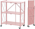 BRIAN & DANY 3-Tier Foldable Storage Shelves with Wheels, No Assembly Folding Shelf Metal Rack, Shelving Unit for Kitchen, Garage, Pink by BRIANDANY