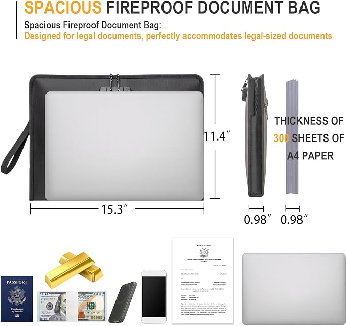 Fireproof Document Bag with Lock，15"×11" Fireproof Money Bag，with Zipper and Lock，Suitable for Tablets, A4 Documents, Cash, Mobile Phones, - Image 3