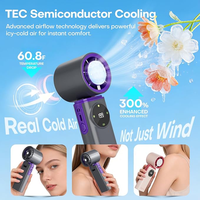 Portable Handheld Fan with Ice Cooling, 199 Levels Stepless Speed, 20H Long Battery Life, 20000RPM Turbo Fan Rechargeable Personal Mini Fan for Travel, Outdoor, Makeup (Grey) - Image 2